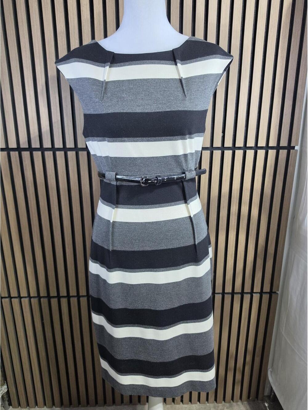 Calvin Klein Striped Knit Sheath Dress 8 Black Gray White Boat Neck Belted